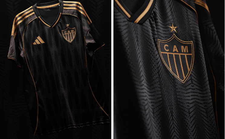 Detalhes dourados da camisa Atlético Mineiro III 2025/26, escudo, logo e listras