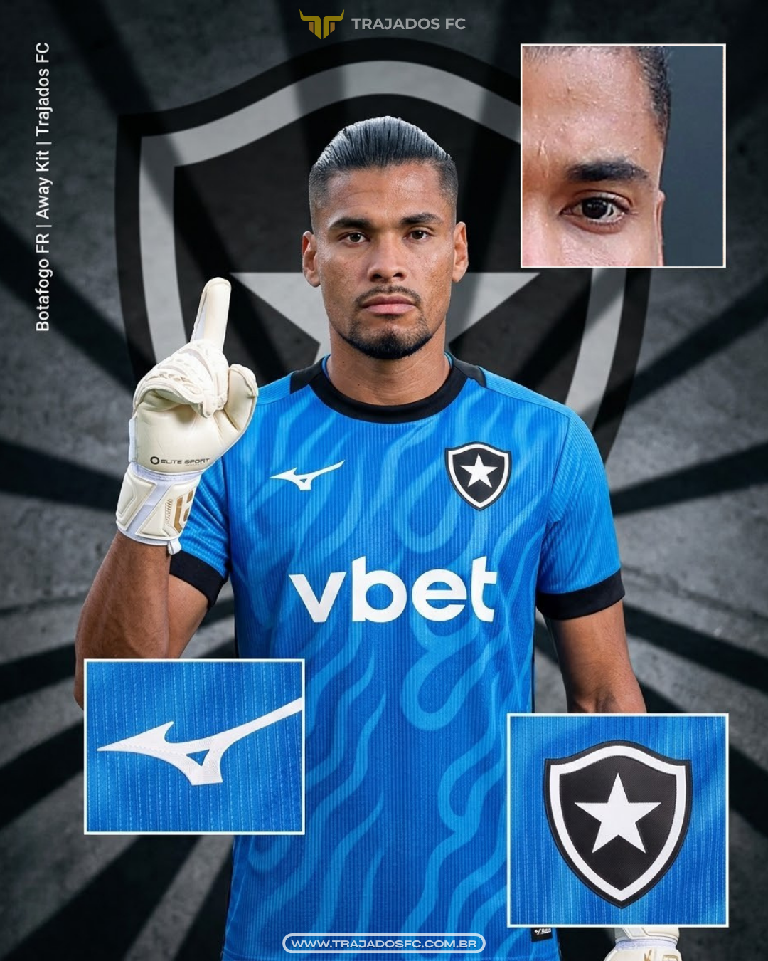 Detalhes Camisa Botafogo Goleiro Away 2026 Mizuno Azul Chamas