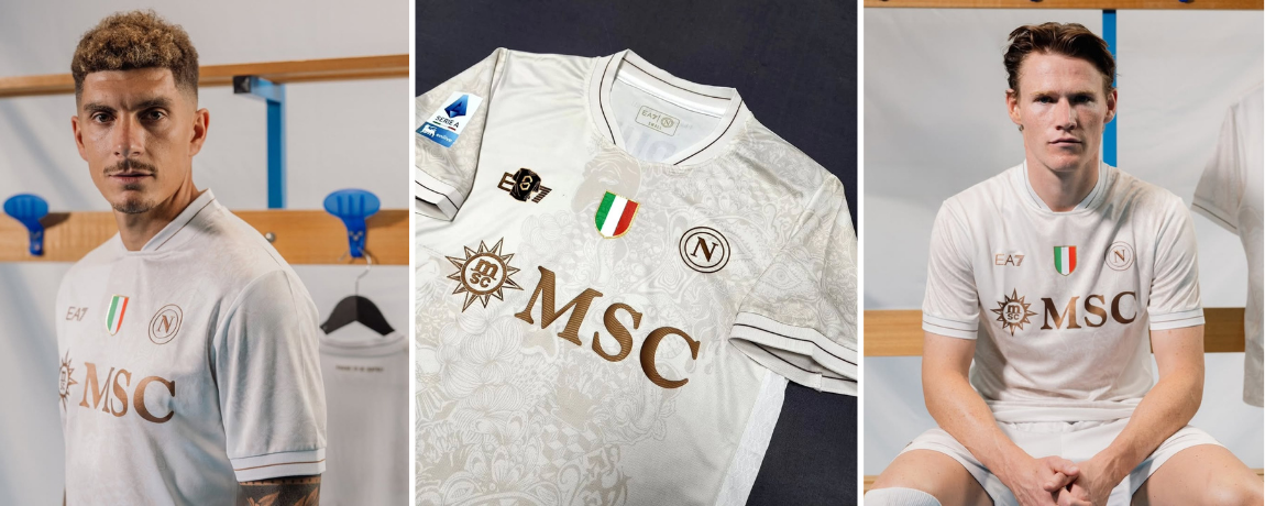 Camisa Napoli Away 2025/26 detalhe gola dourada e escudo