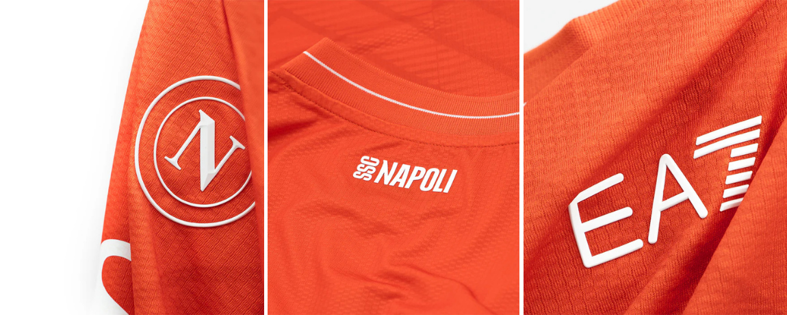 Detalhes da gola e estampa da camisa de goleiro Napoli EURO 2025/26 laranja