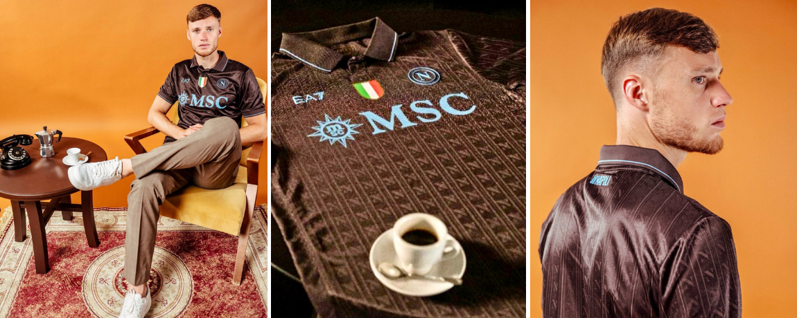 Detalhes da camisa Napoli Third EA7 2025/26 café