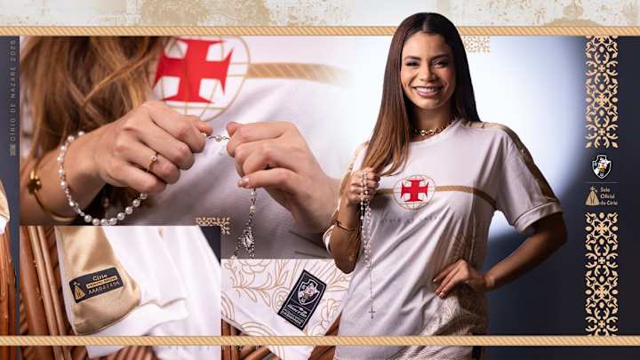 Camisa Vasco Círio de Nazaré 2025 branca com detalhes dourados e azuis