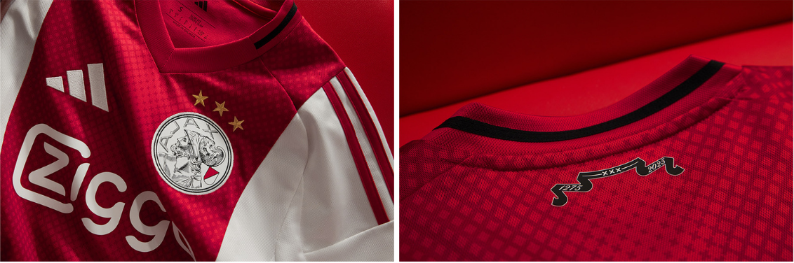 Camisa Ajax Home 2025/26 verso detalhe gola ou costura