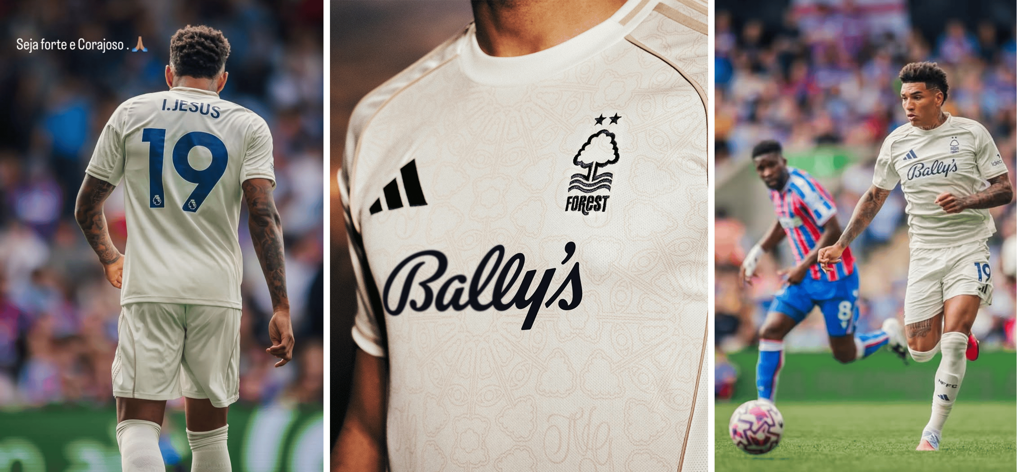 Nottingham Forest Away 25/26 verso / detalhe escudo e punhos