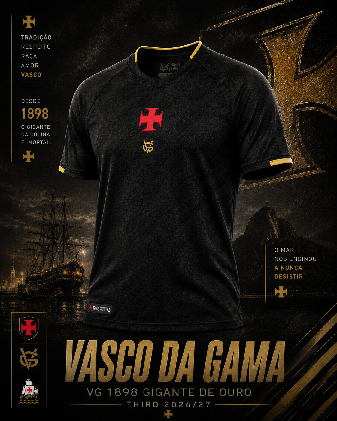 Camisa Vasco Da Gama VG 1898 Cruz de Malta Masculina Preta e Dourada