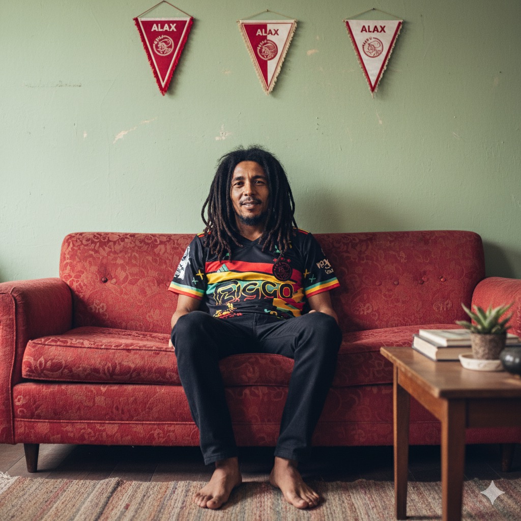 Camisa Ajax Bob Marley frente - preta com grafismos rasta