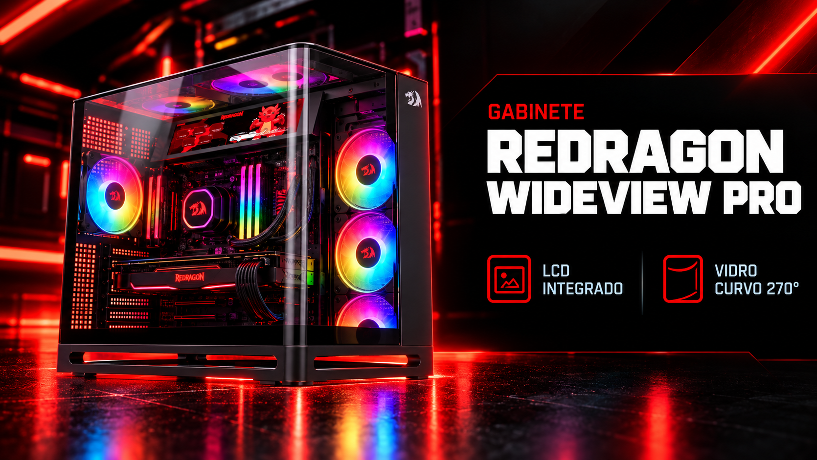 Gabinete Gamer Redragon Wideview Pro Curvo com Tela LCD GC-631