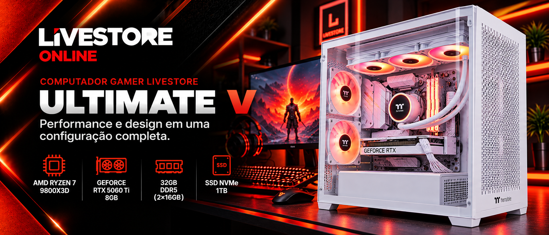 Computador Gamer Livestore Ultimate V - AMD Ryzen 7 9800X3D, GeForce RTX 5060 Ti 8GB, 32GB DDR5, SSD NVMe 1TB