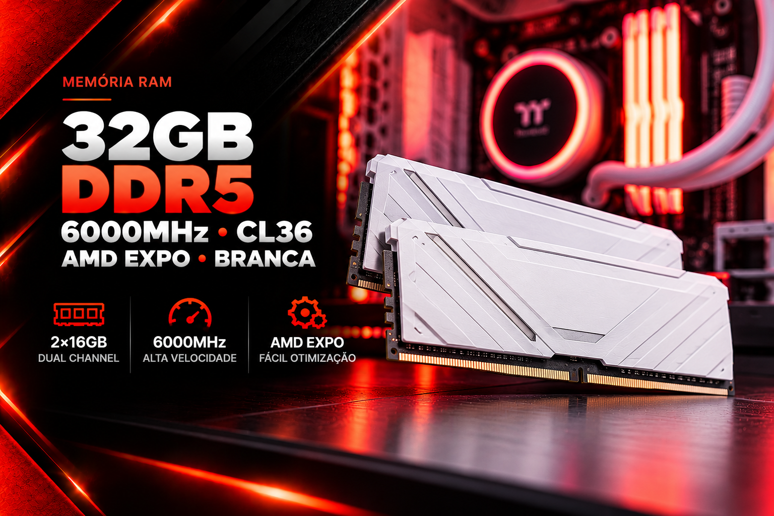 Memória RAM 32GB DDR5 6000MHz CL36 AMD EXPO Branca