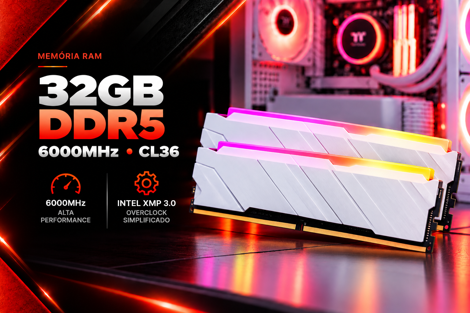 Memória RAM 32GB DDR5 6000MHz CL36 Intel XMP 3.0 Branca