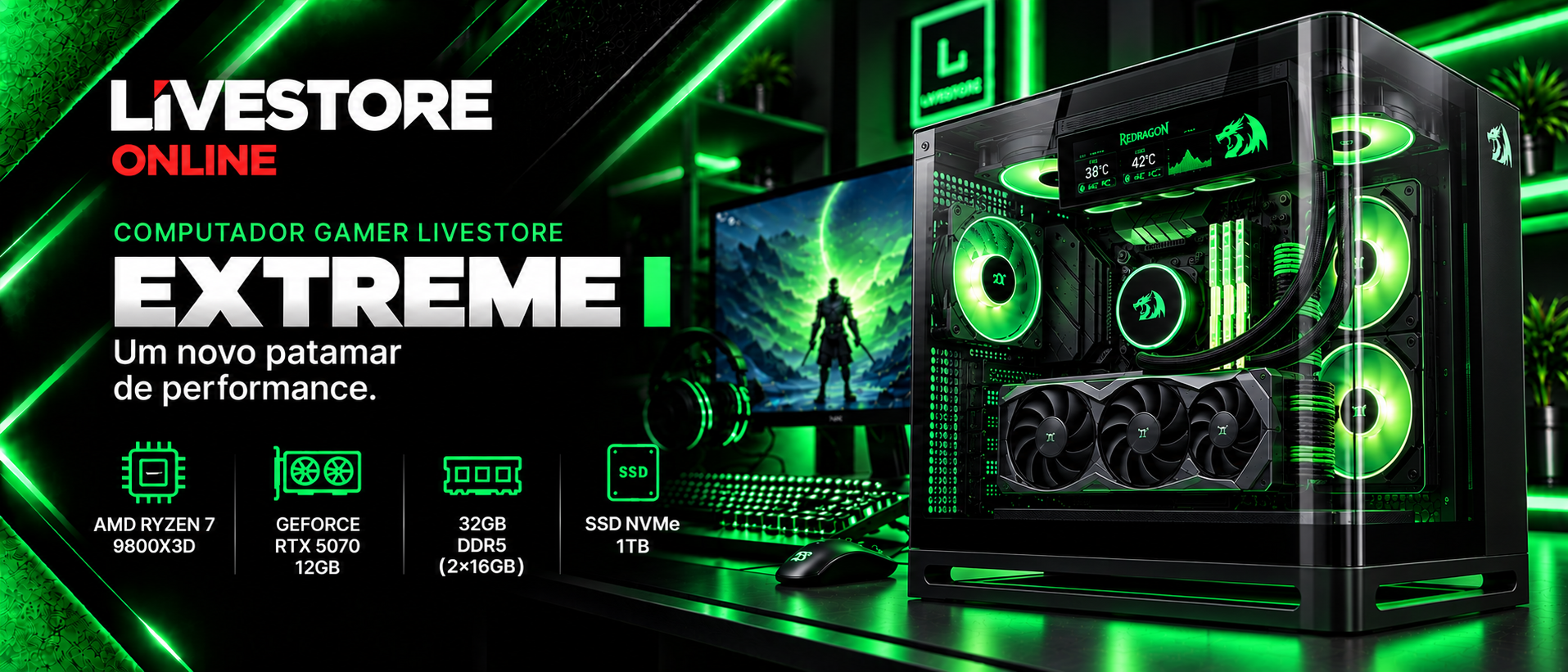 Computador Gamer Livestore Extreme I - AMD Ryzen 7 9800X3D, GeForce RTX 5070 12GB, 32GB DDR5, SSD NVMe 1TB