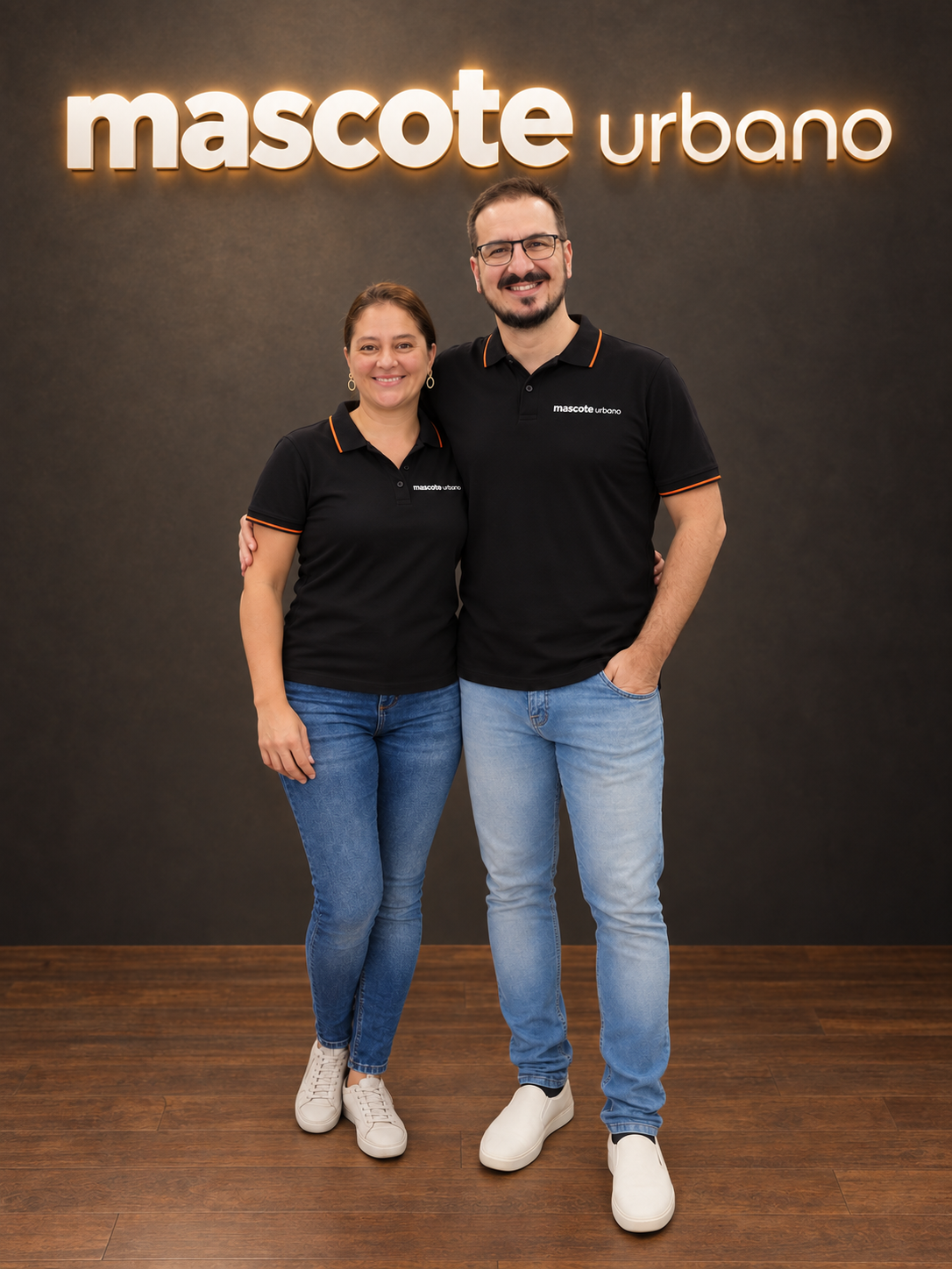 Dr. Leonardo e Renata, da Mascote Urbano, com uniformes pretos e detalhes laranja.