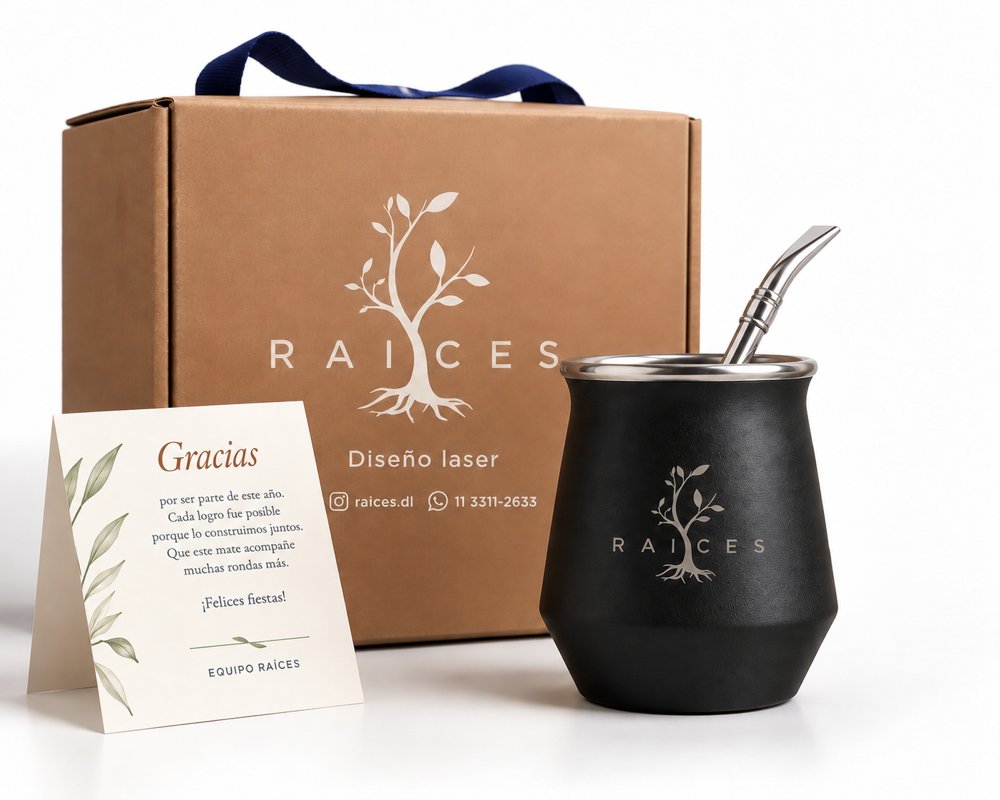 Kit Básico: mate térmico negro con logo grabado y bombilla