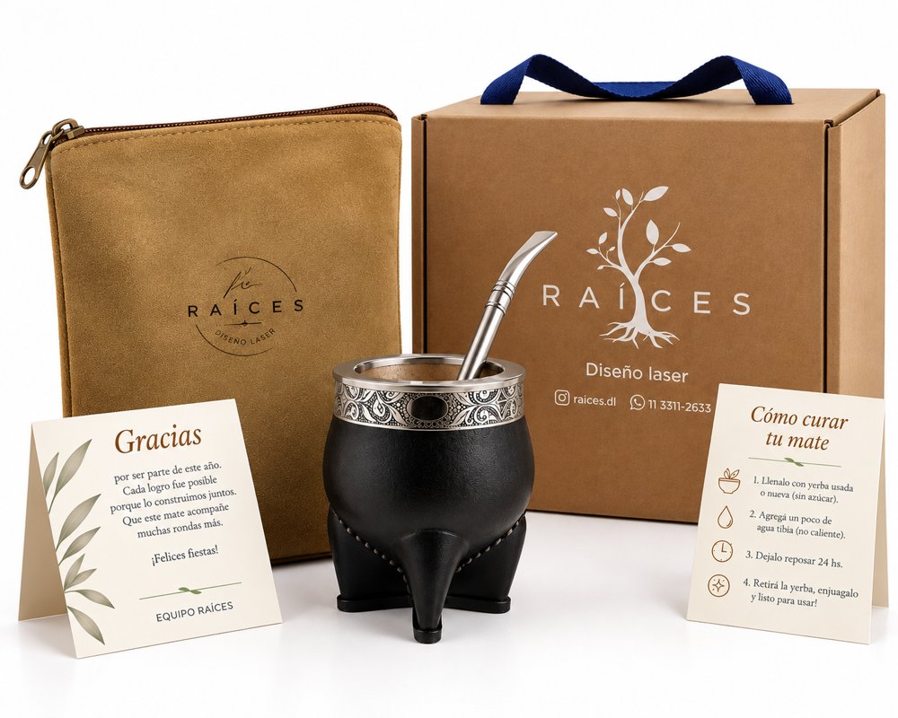 Kit Premium: mate imperial de cuero, bombilla y yerbera con logo