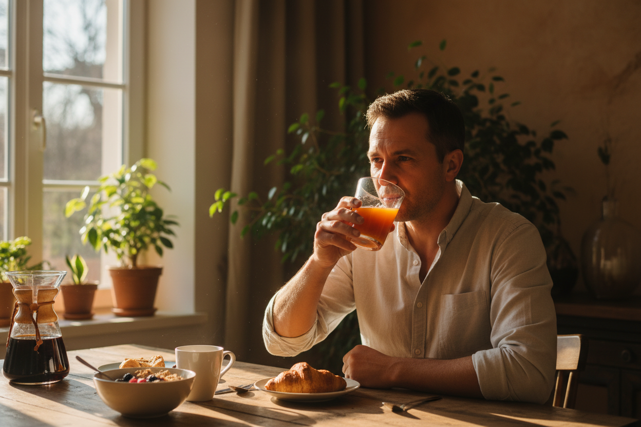 hombre de unos 40 a&ntilde;os prox consumiendo un vaso de tono naranja mayor el liquido que esta en el vaso en la ma&ntilde;ana en el desayuno