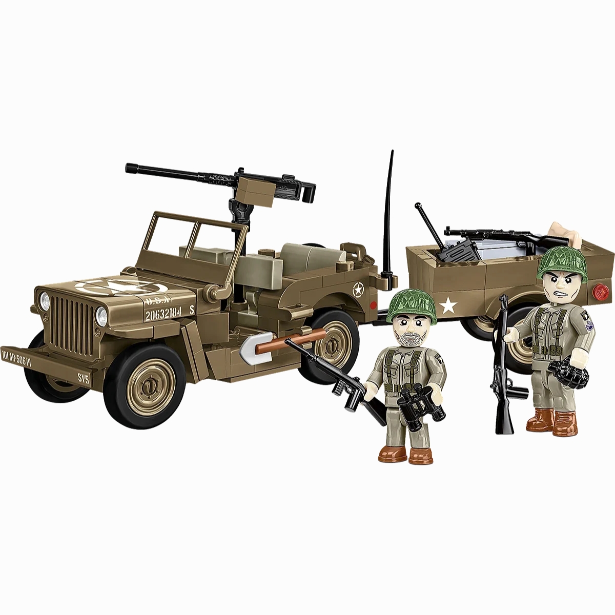 Jeep Willys MB com reboque COBI 3132 montado, acompanhado de duas figuras de soldados americanos e acessórios militares