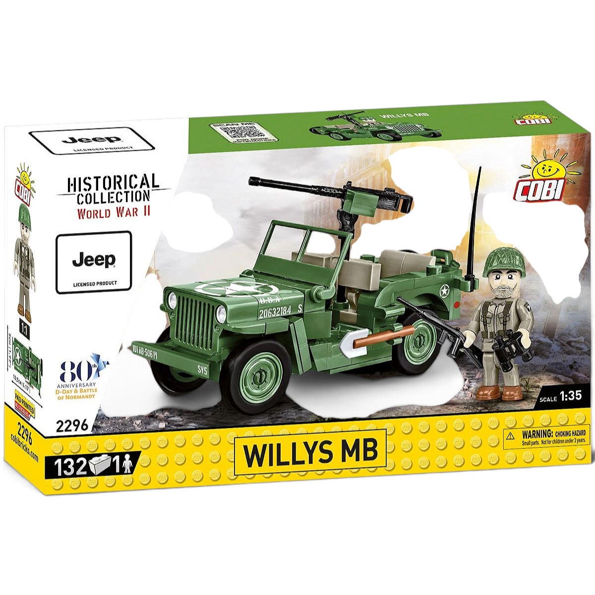 Frente da embalagem do Jeep Willys MB COBI 2296, cole&ccedil;&atilde;o dos 80 anos do Dia D e da Batalha da Normandia