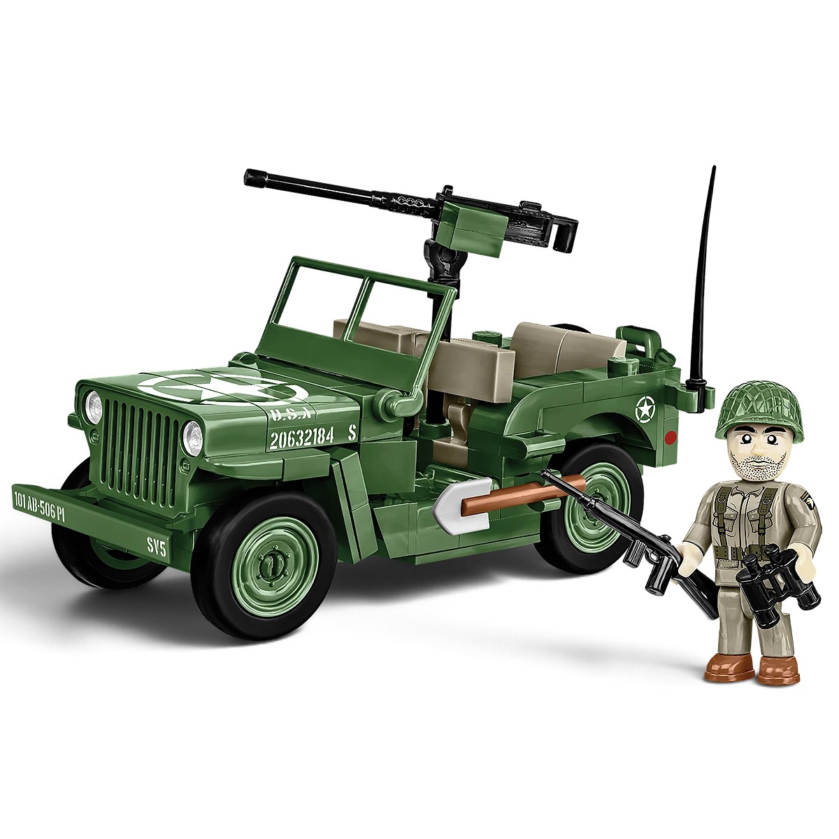 Jeep Willys MB COBI 2296 montado com figura de soldado americano, conjunto de 132 pe&ccedil;as na escala 1:35