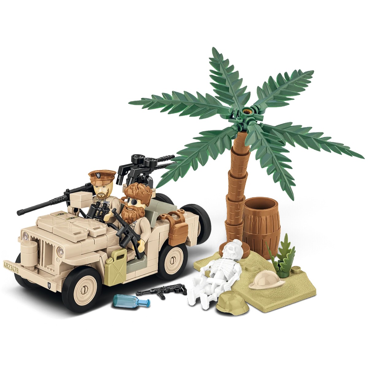 Jeep Willys MB SAS COBI 2298 montado com figuras e palmeira em cen&aacute;rio de deserto, escala 1:35