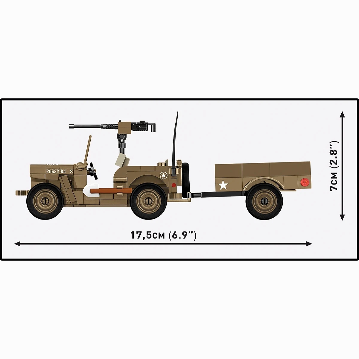 Vista lateral do Jeep Willys MB com reboque COBI 3132, indicando 17,5 cm de comprimento e 7 cm de altura