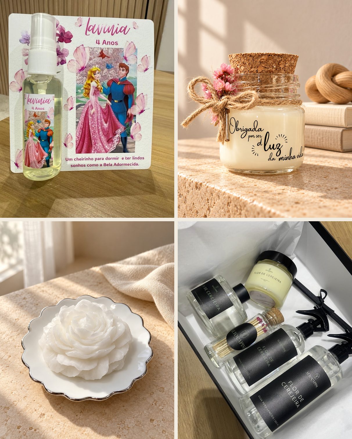 Personalizados de aniversário e datas especiais: home spray com tema infantil, vela de agradecimento, vela escultural de rosa e kit em caixa