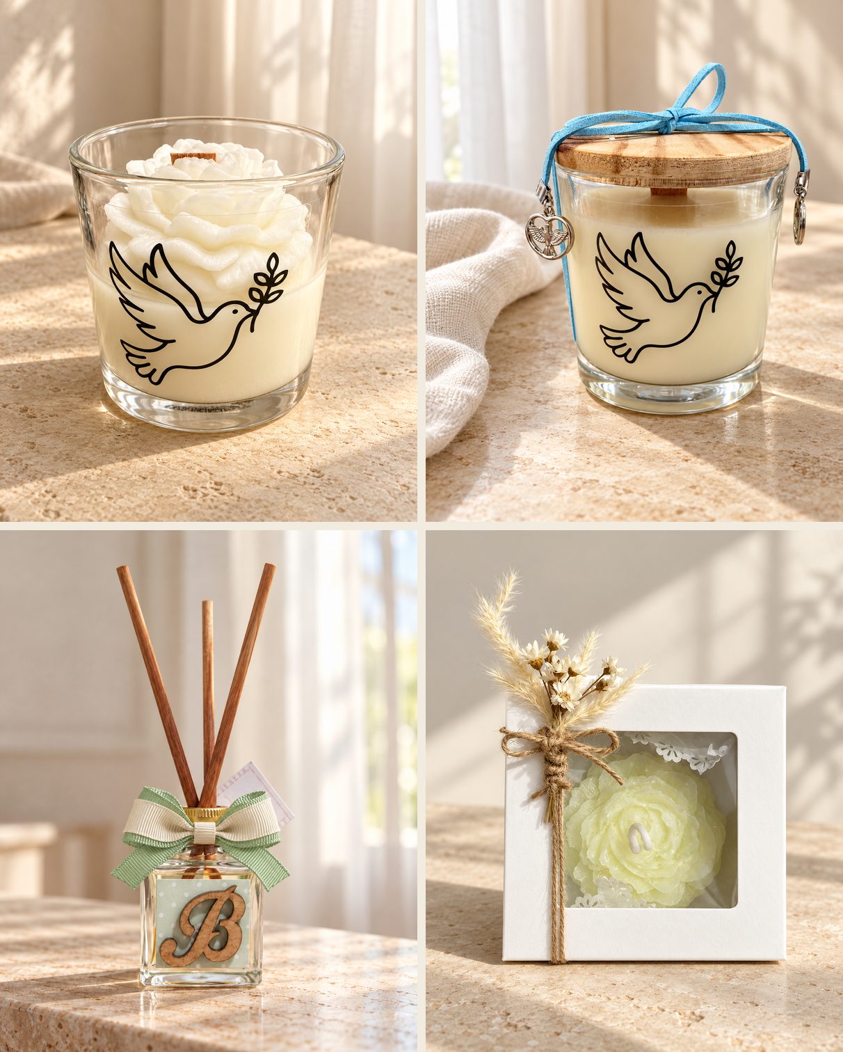 Personalizados de batizado: velas com pomba, difusor com a inicial do bebê e vela em caixa com flores secas