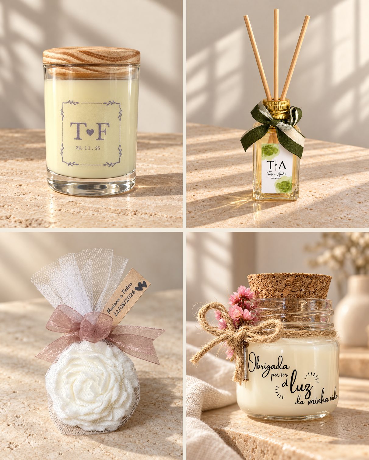 Personalizados de casamento: vela com as iniciais dos noivos, difusor com iniciais, vela em tule e vela de agradecimento para madrinha