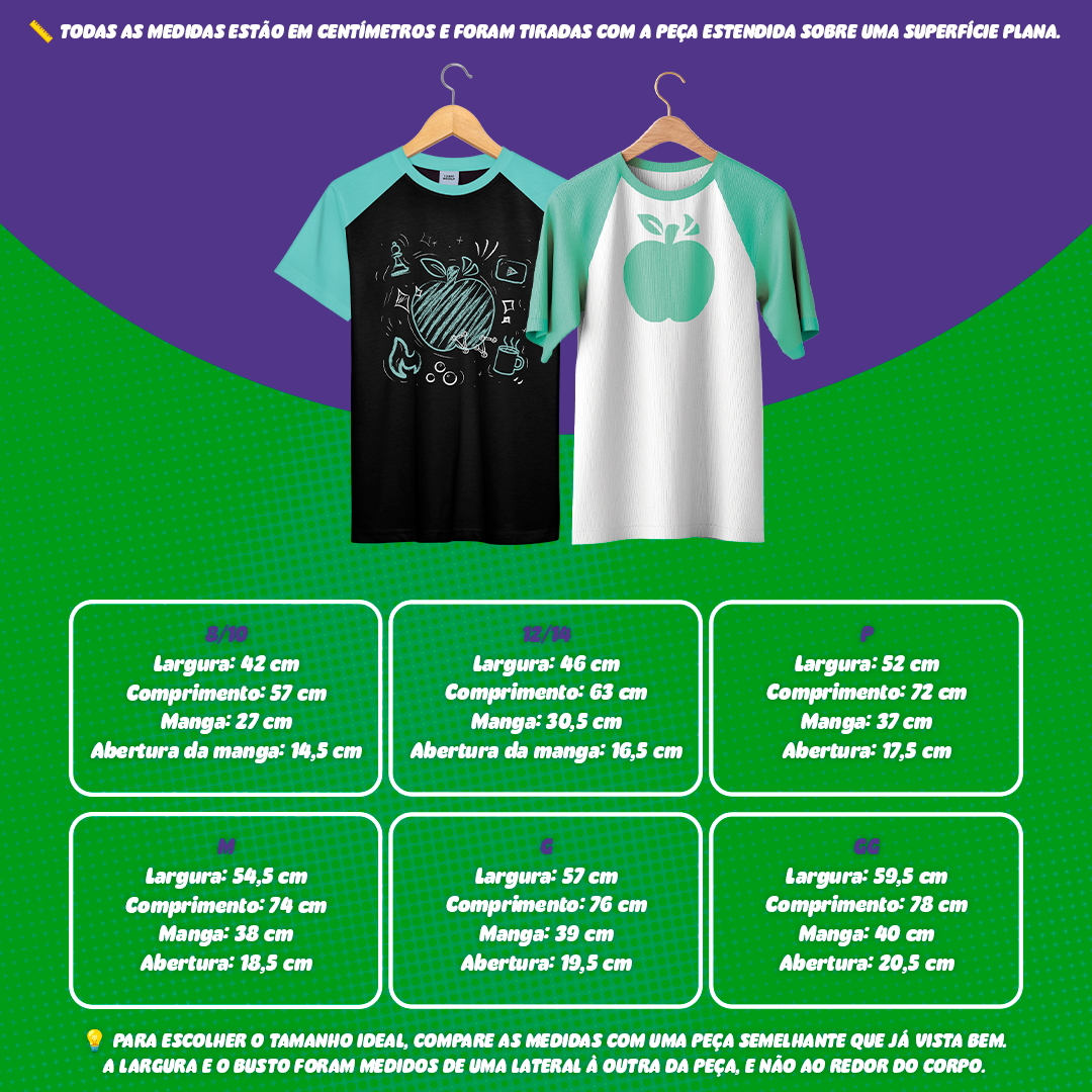 Guia de medidas de camisetas Mundo Torajo: infantil e adulto