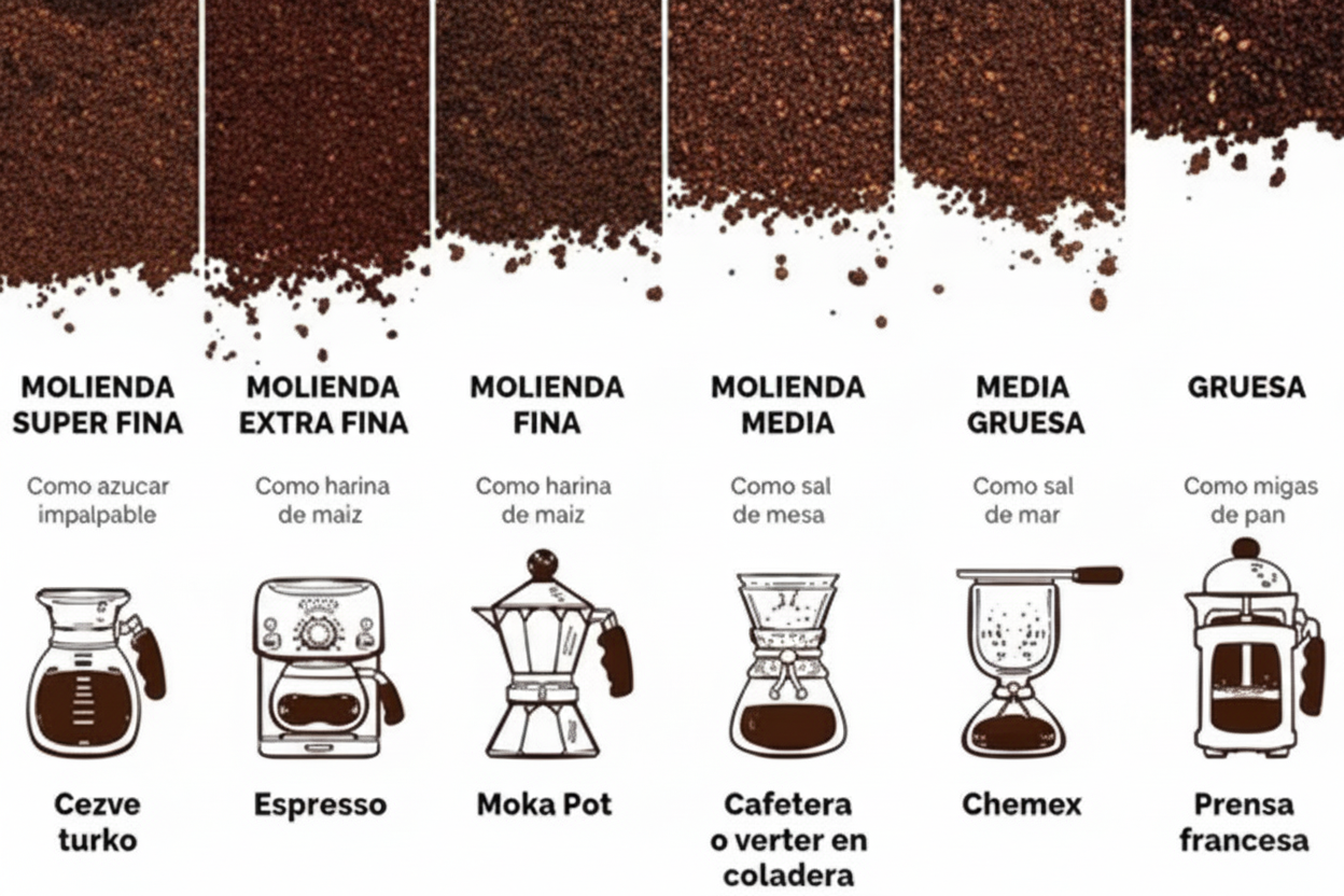 Guia de moliendas para cafe en grano tostado molido