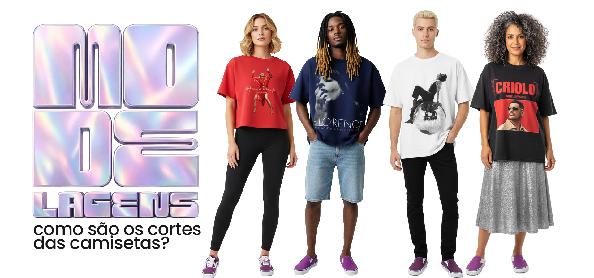 banner head com 3 homens vestindo as 3 diferentes modelagens disponiveis com texto escrito "modelagem" reptido verticalmente no fundo branco