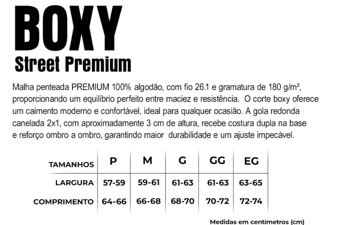 GUIA DE TAMANHO EM CM DA MODELAGEM BOXY