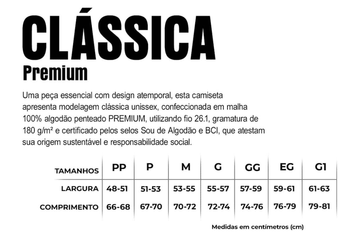 GUIA DE TAMANHOS EM CM DA MODELAGEM CLÁSSICA