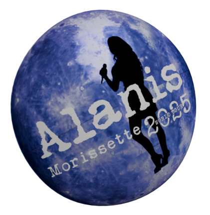 botom com imagem de uma lua e a silhoueta da alanis morissette e logo da turne mundial 2025