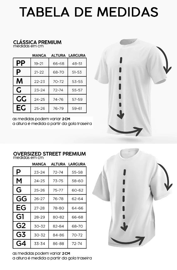 Medidas das camisetas em centímetros