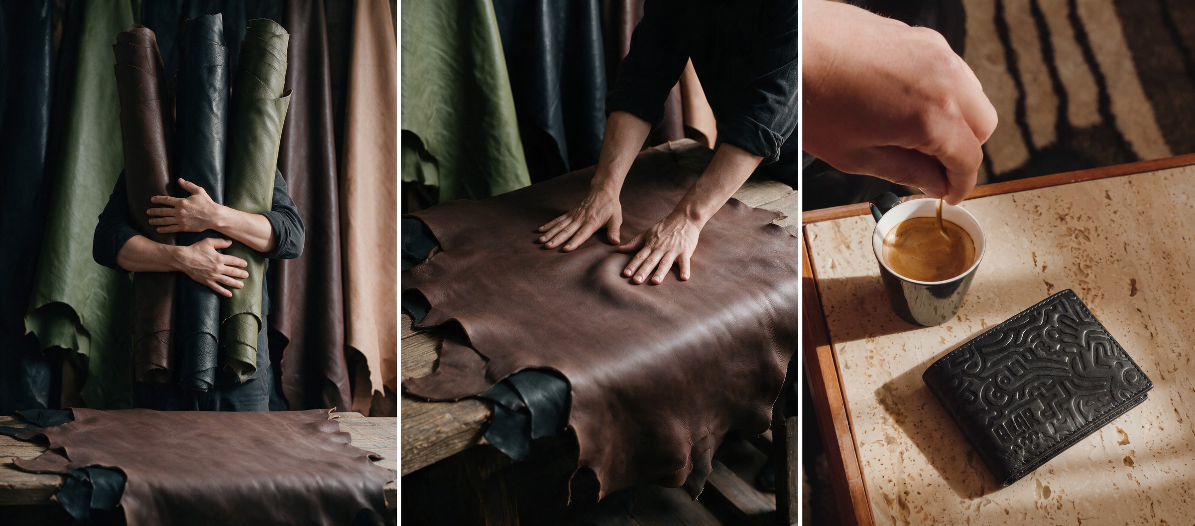 Taller LiteBear: cueros, mesa de trabajo y billetera de cuero