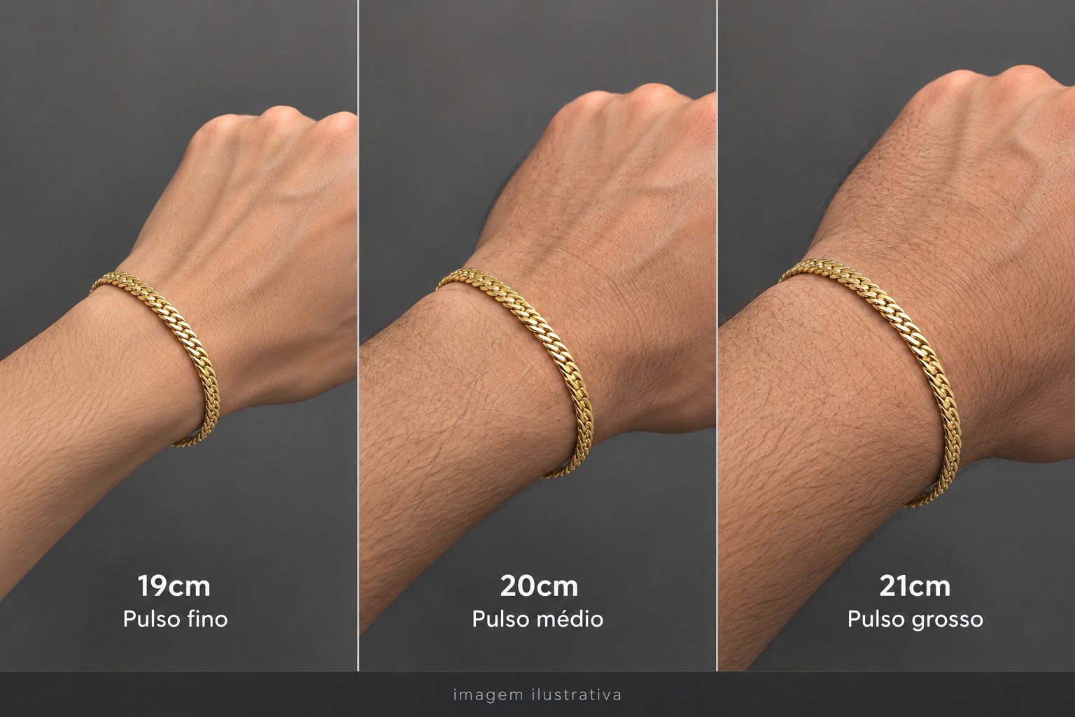 Pulseira de 19cm, 20cm e 21cm em pulsos fino, médio e grosso