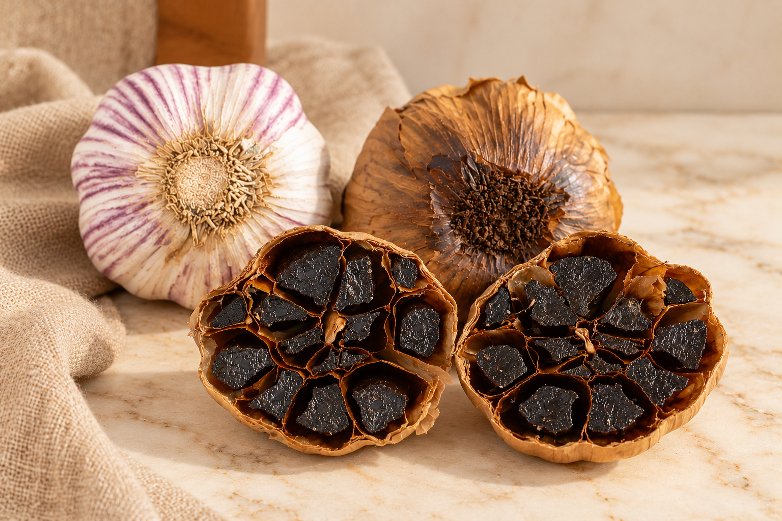 Ajo fresco y ajo negro Oro Rubí, con bulbos enteros y cortados que muestran la transformación de los dientes durante la cocción.