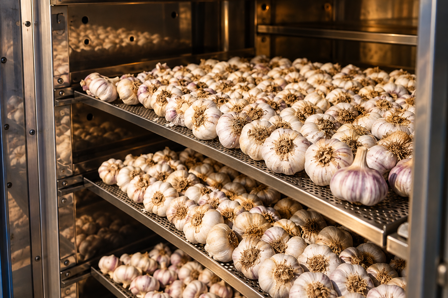 Bandejas con bulbos de ajo en los hornos de elaboración de ajo negro Oro Rubí