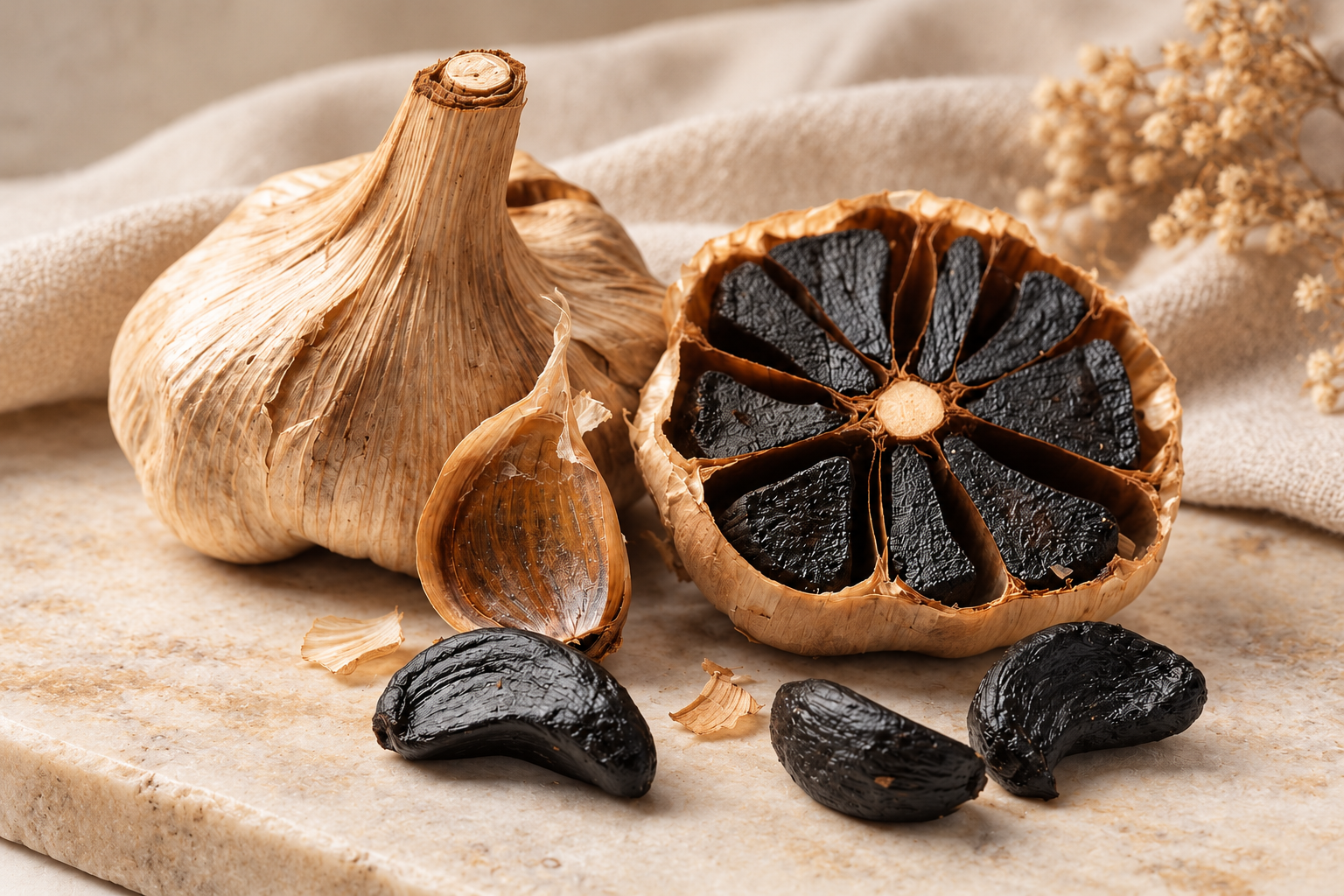 Composición de ajo negro Oro Rubí con un bulbo entero, otro abierto y dientes negros que muestran su textura característica.