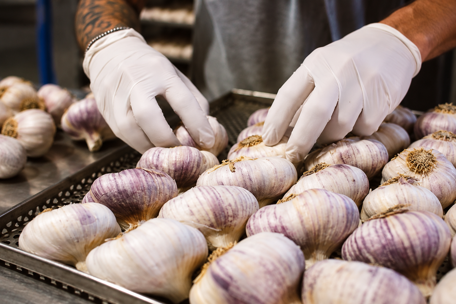 Manos con guantes preparando bulbos de ajo para la elaboración de ajo negro Oro Rubí.