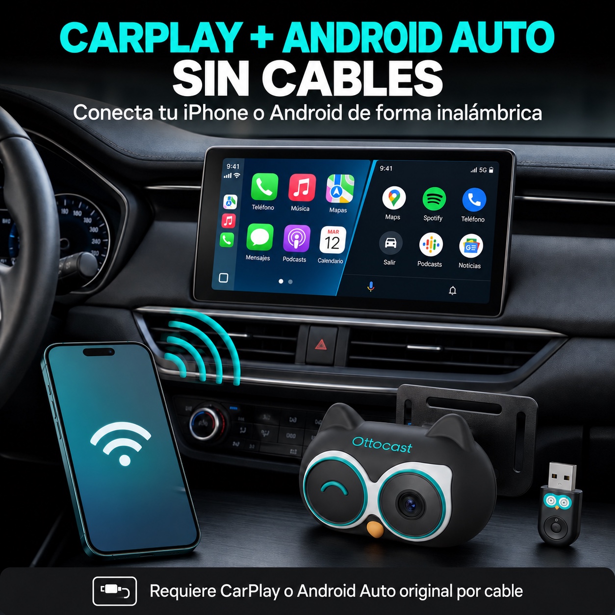 Conexión inalámbrica con Apple CarPlay y Android Auto en OTTOCAST Cabin Care