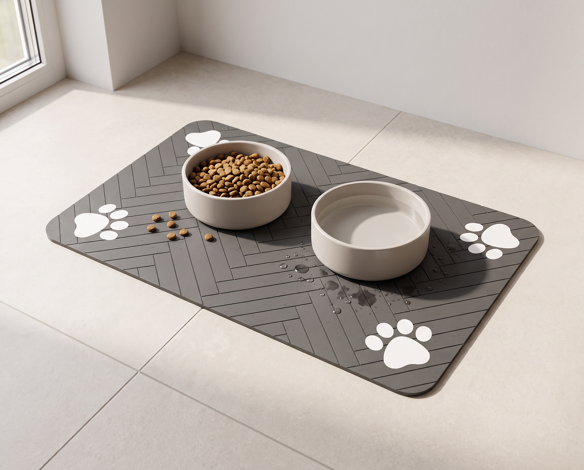 Alfombra absorbente y antideslizante debajo de los platos de comida y agua de una mascota