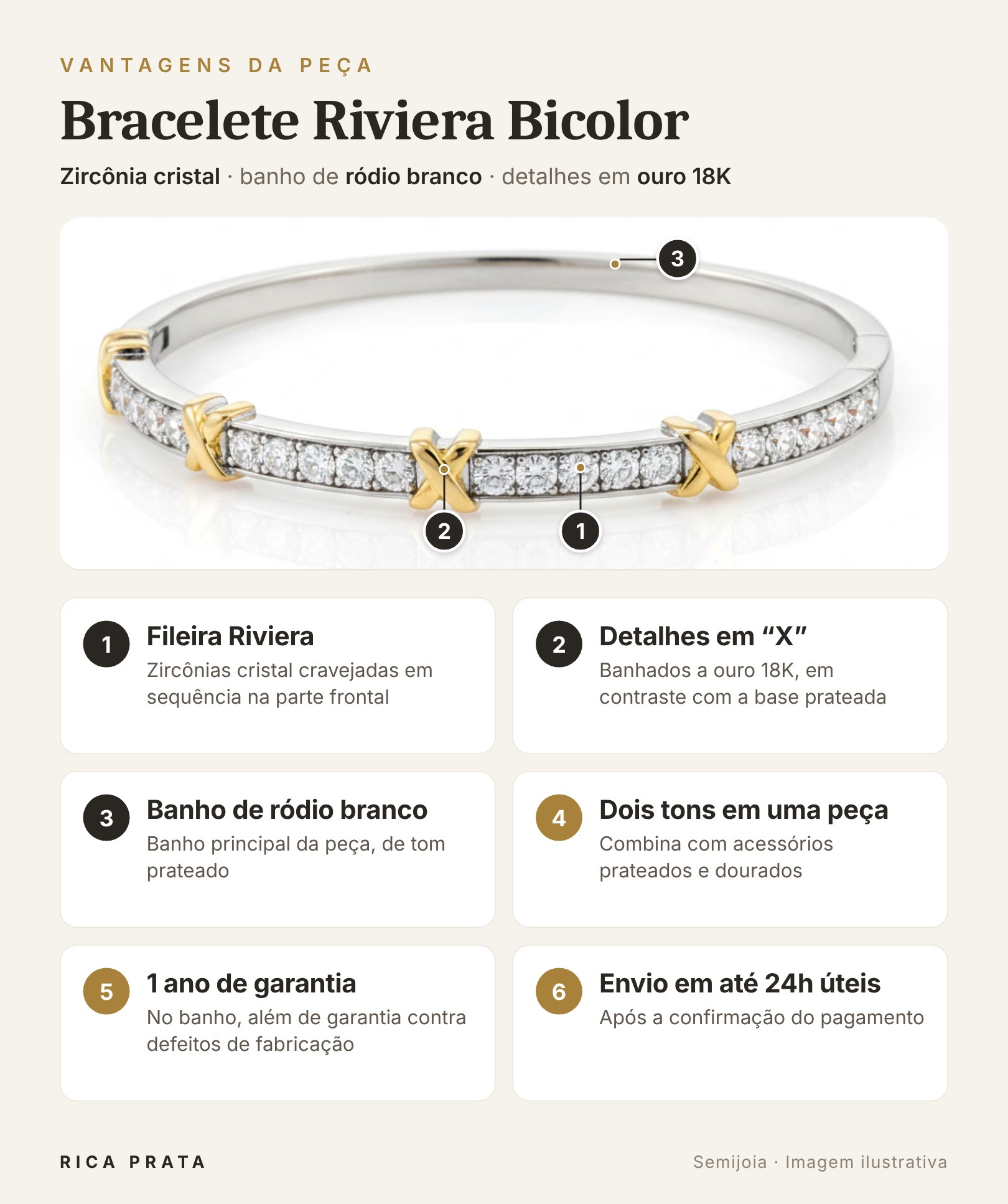 Vantagens do Bracelete Riviera Bicolor Rica Prata: fileira de zircônias cristal, detalhes em X banhados a ouro 18K, banho de ródio branco, dois tons, 1 ano de garantia no banho e envio em até 24h úteis