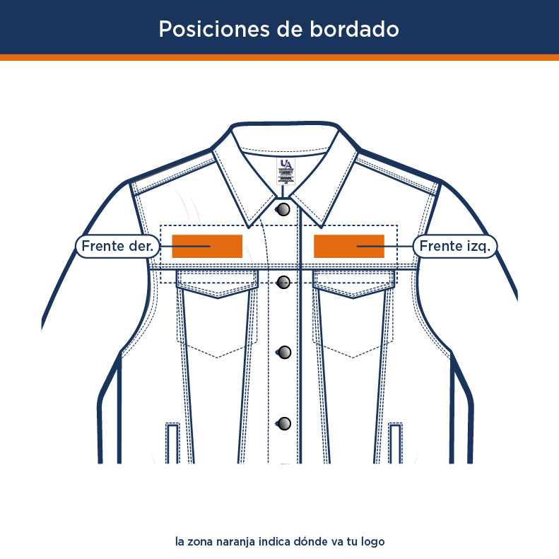 Posiciones de bordado de logo en Chamarra Vaquera con Borrega Mezclilla Manga Larga | Uniformes Andrea