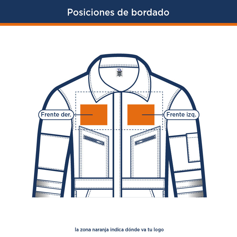 Posiciones de bordado de logo en Overol Americano Bicolor Gabardina Manga Larga para Trabajo | Uniformes Andrea