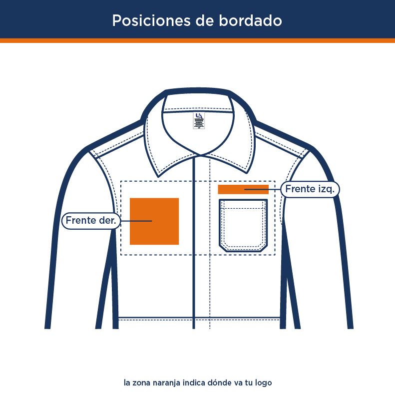 Posiciones de bordado de logo en el overol del Kit Alta Vis Overol | Uniformes Andrea
