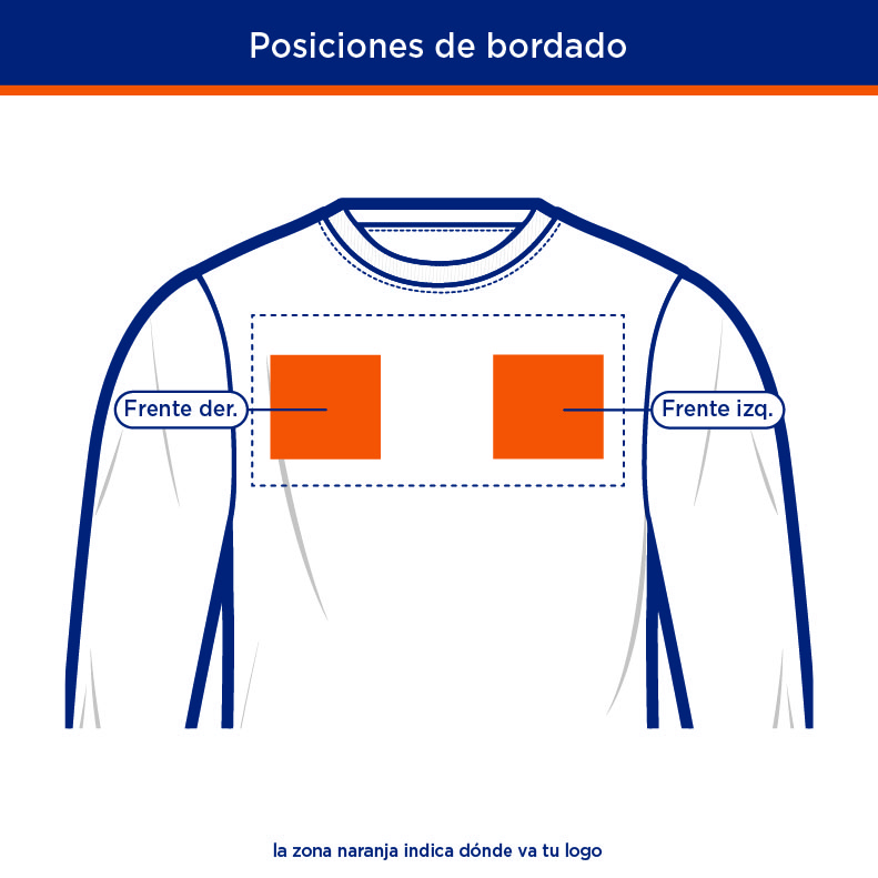 Posiciones de bordado de logo en Sudadera Cuello Redondo Felpa Manga Larga | Uniformes Andrea