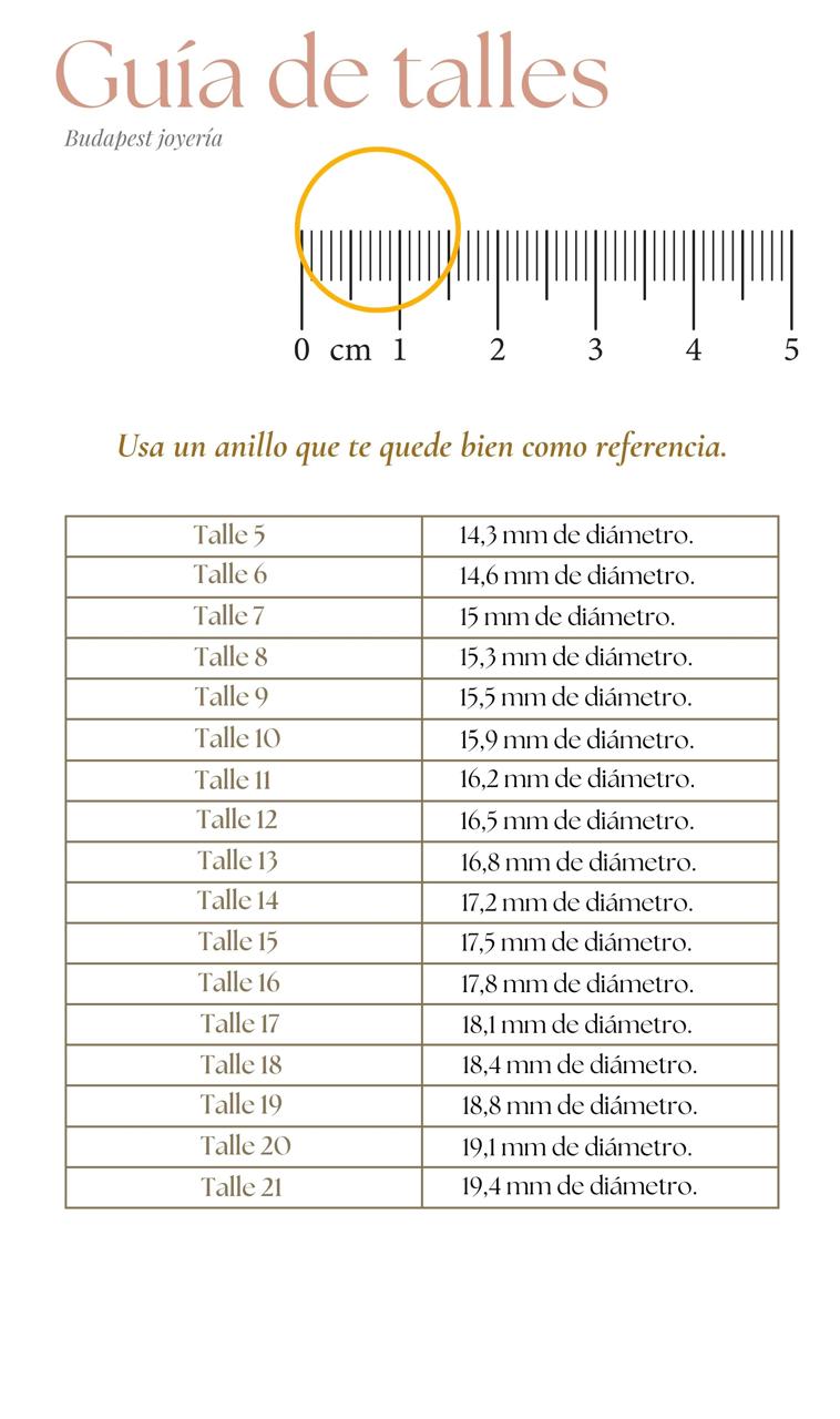 Medí con una regla el diámetro INTERNO de un anillo que te quede bien. Buscá en la tabla la medida en milímetros  Ya tenés tu talle! (en nuestro ejemplo serían 16 mm = talle 11
