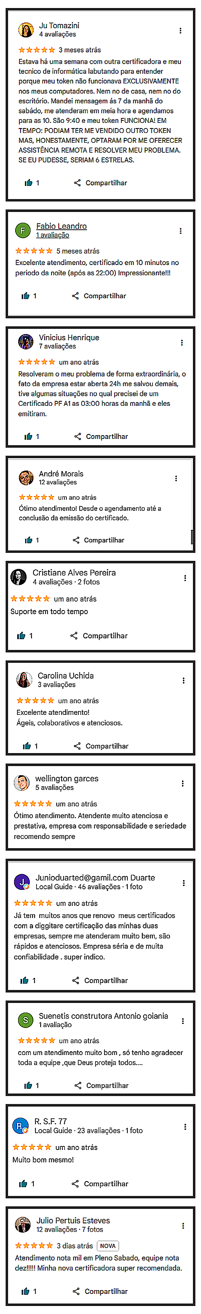 Avaliações reais de clientes da Renovare Certificação Digital no Google