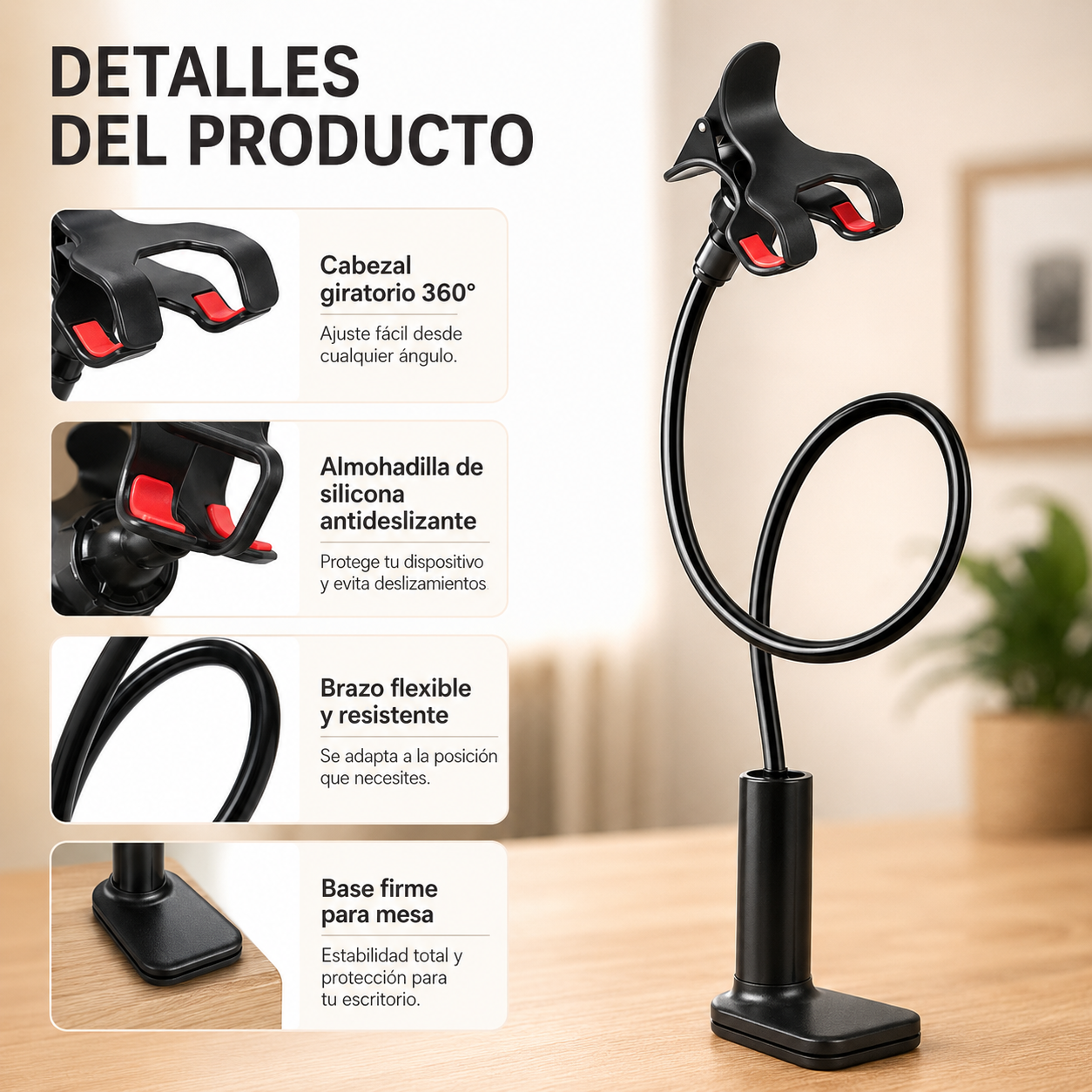 Detalle de pinza brazo flexible y rotacion 360 grados